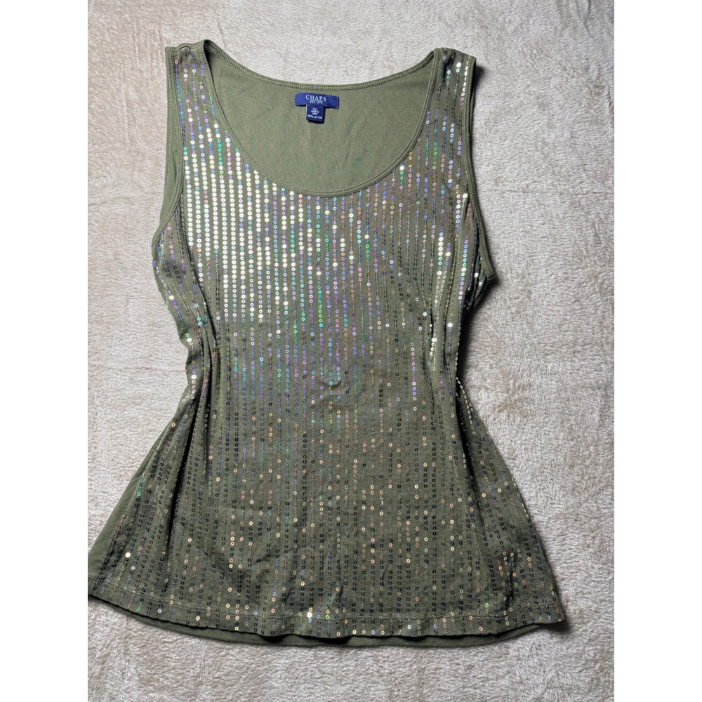 Chaps Womens XL Olive Green Sequin Tank Top Sleeveless Layering Summer Boho